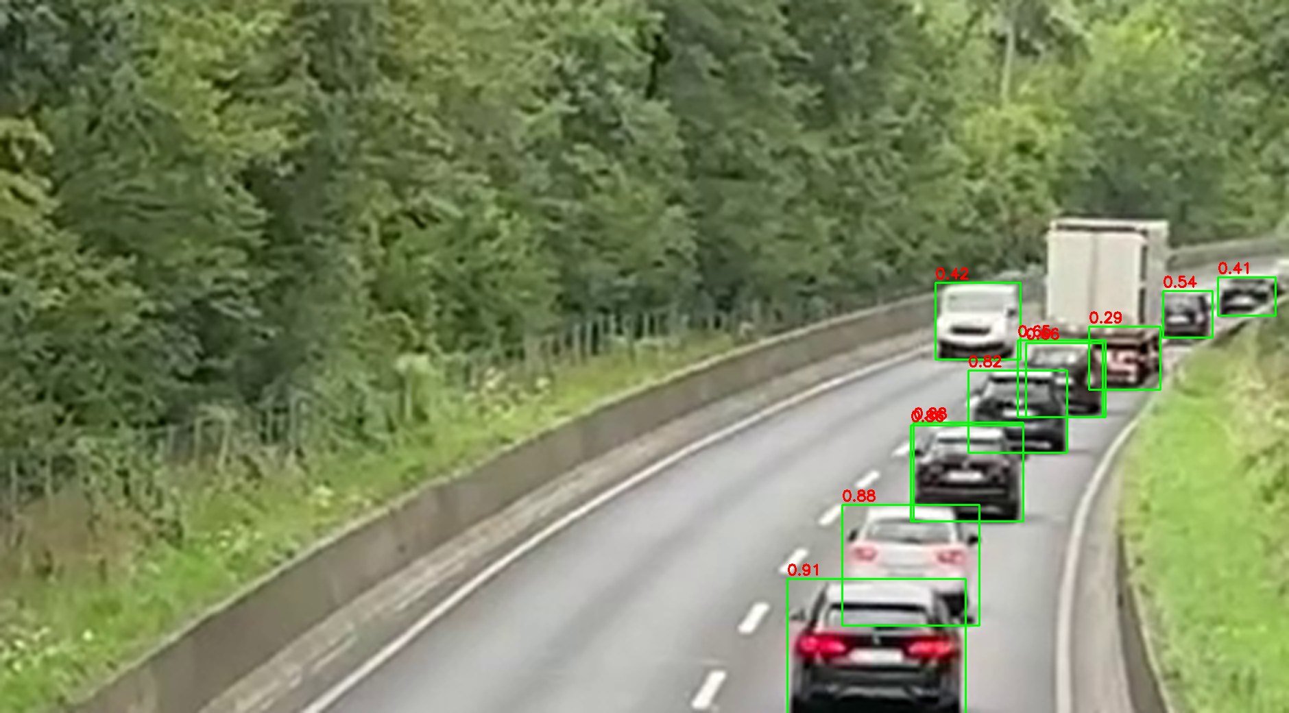 The same crop with YOLO26l car detections and confidence scores